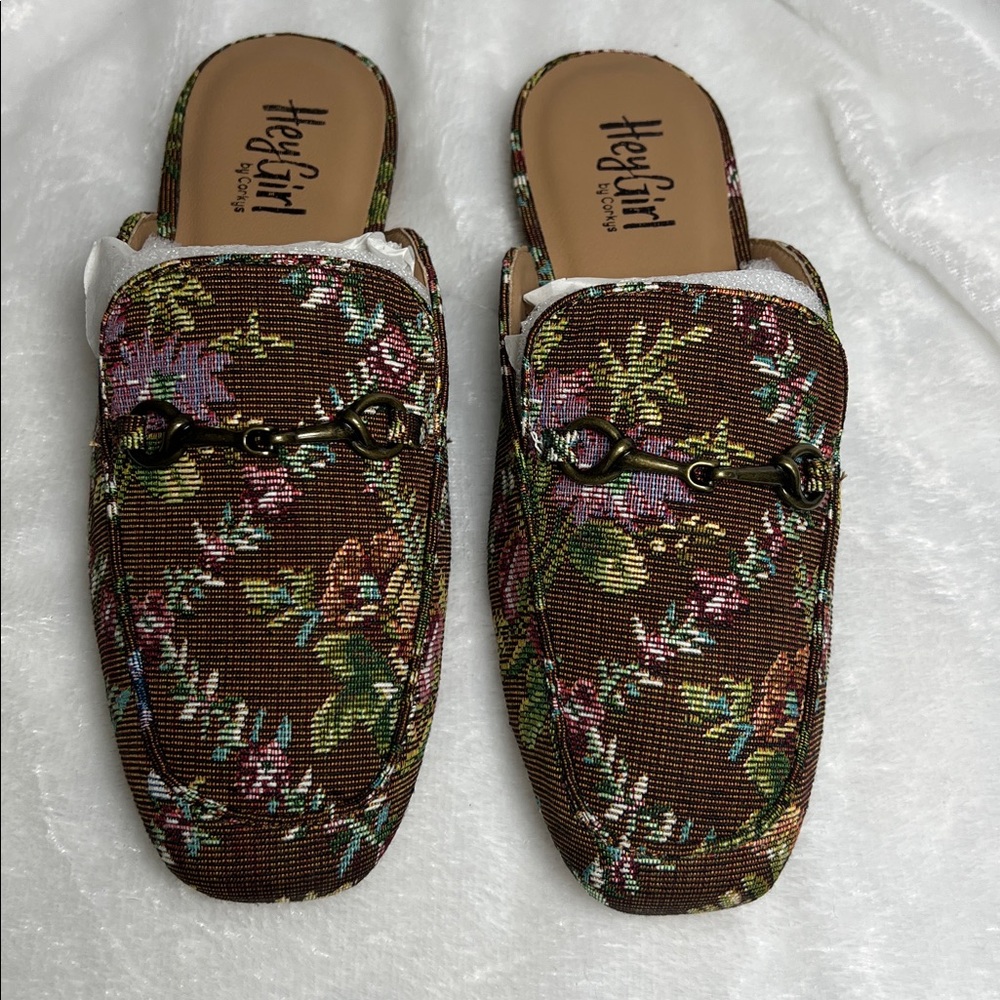 Corkys brown floral print fabric slides, size 8